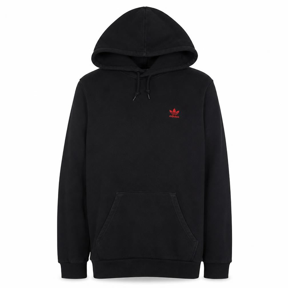 Front view of Adidas Men's Black Small Pullover Hoodie with Red Logo