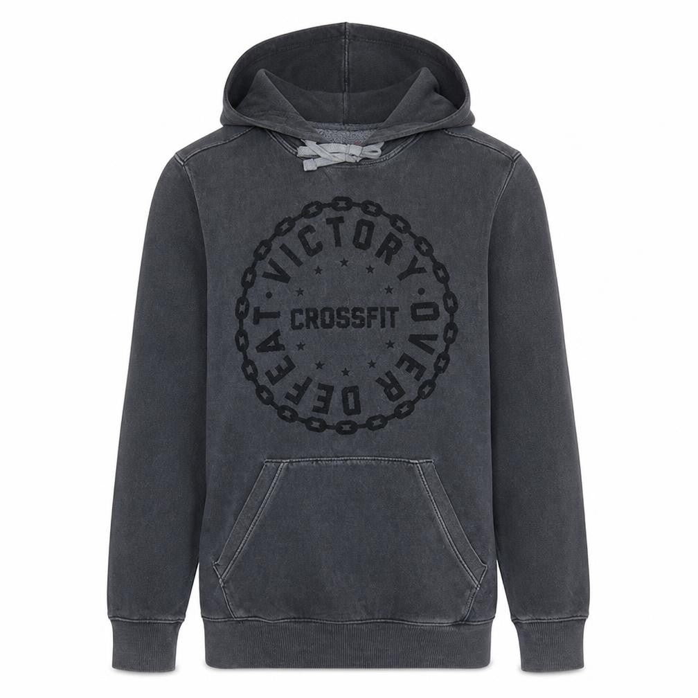 Front view of Reebok men’s grey pullover hoodie m crossfit graphic fleece