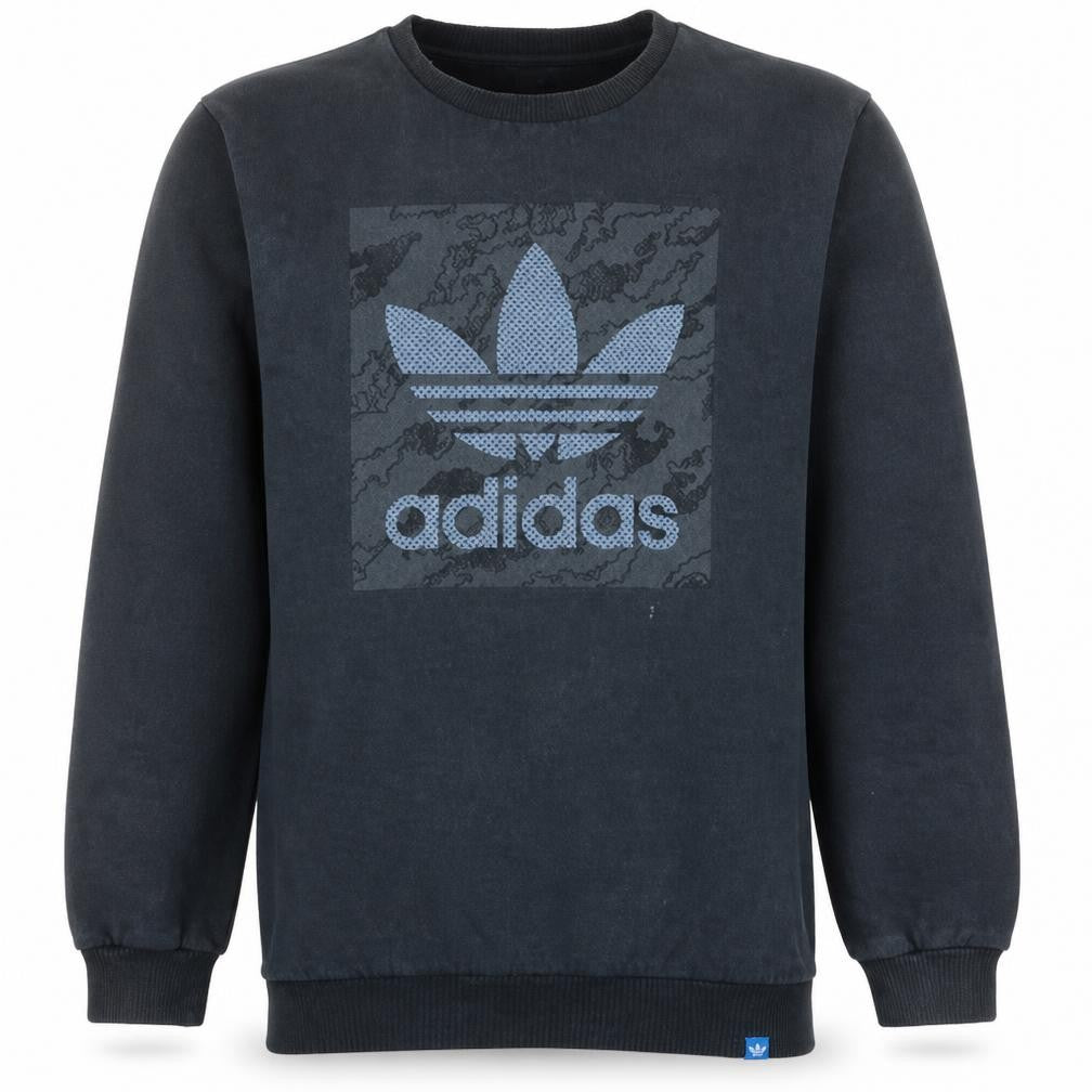 Front view of Adidas men’s black crew neck logo pullover sweatshirt, size M