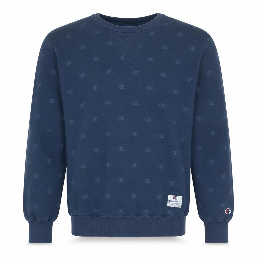 Front view of Champion men’s blue xs crew neck pullover sweatshirt