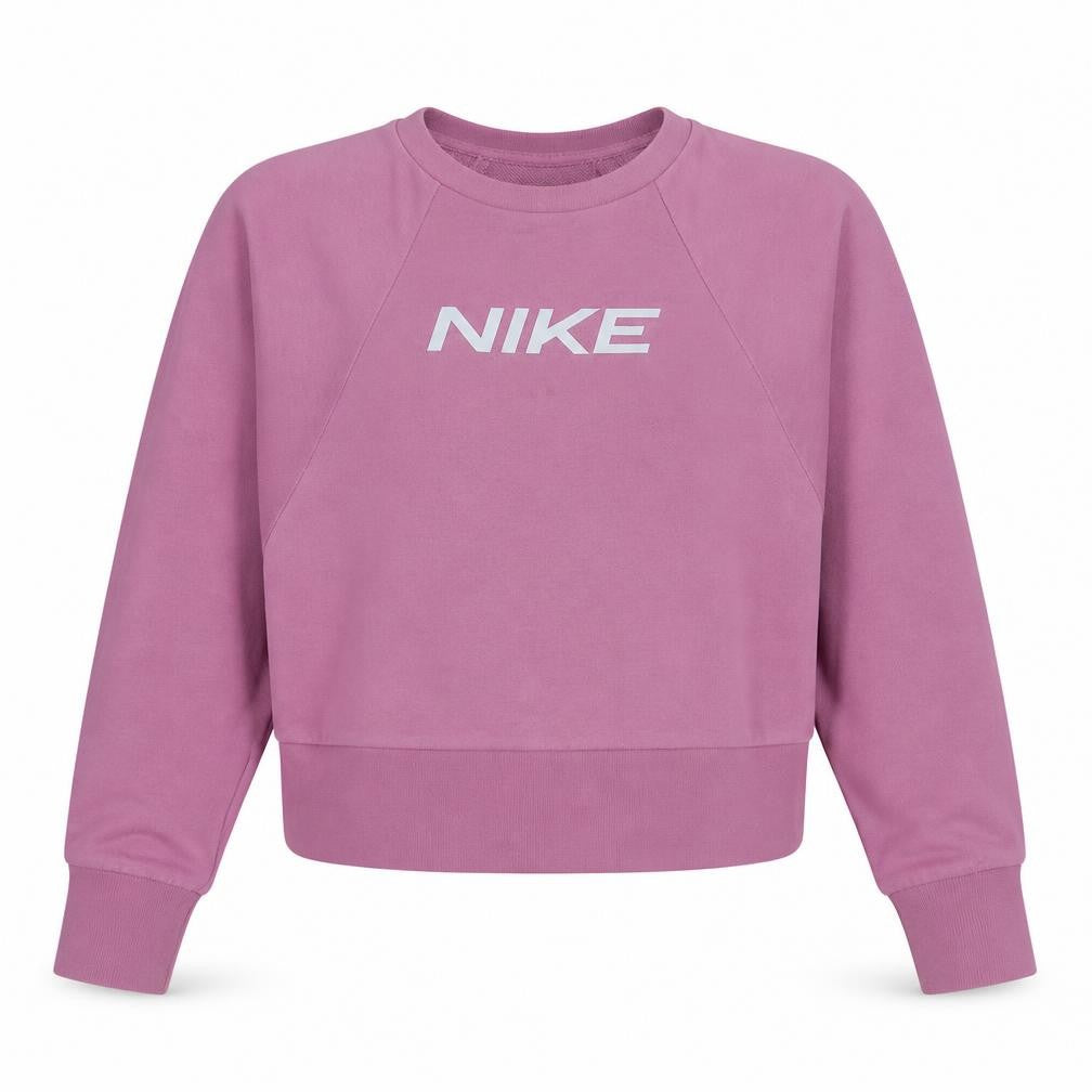 Front view of Nike Women's Pink Dri-FIT Pullover Sweatshirt Small Logo Crew