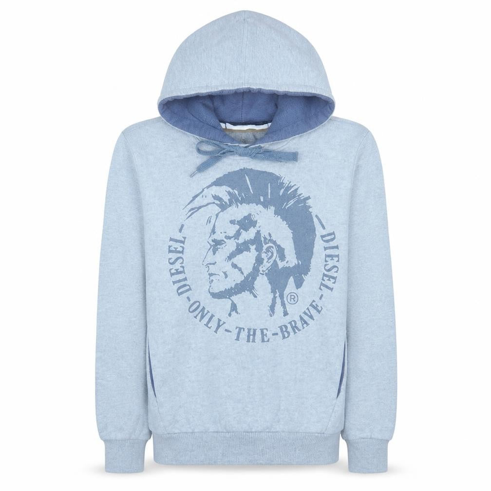 Front view of Diesel Men Blue Pullover Hoodie S Graphic Print Regular Fit