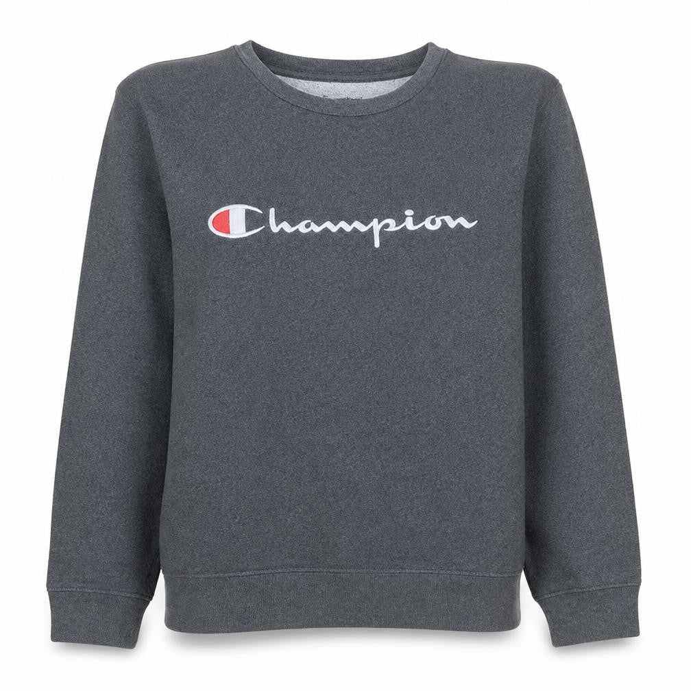 Front view of Champion women’s grey pullover sweatshirt l logo print
