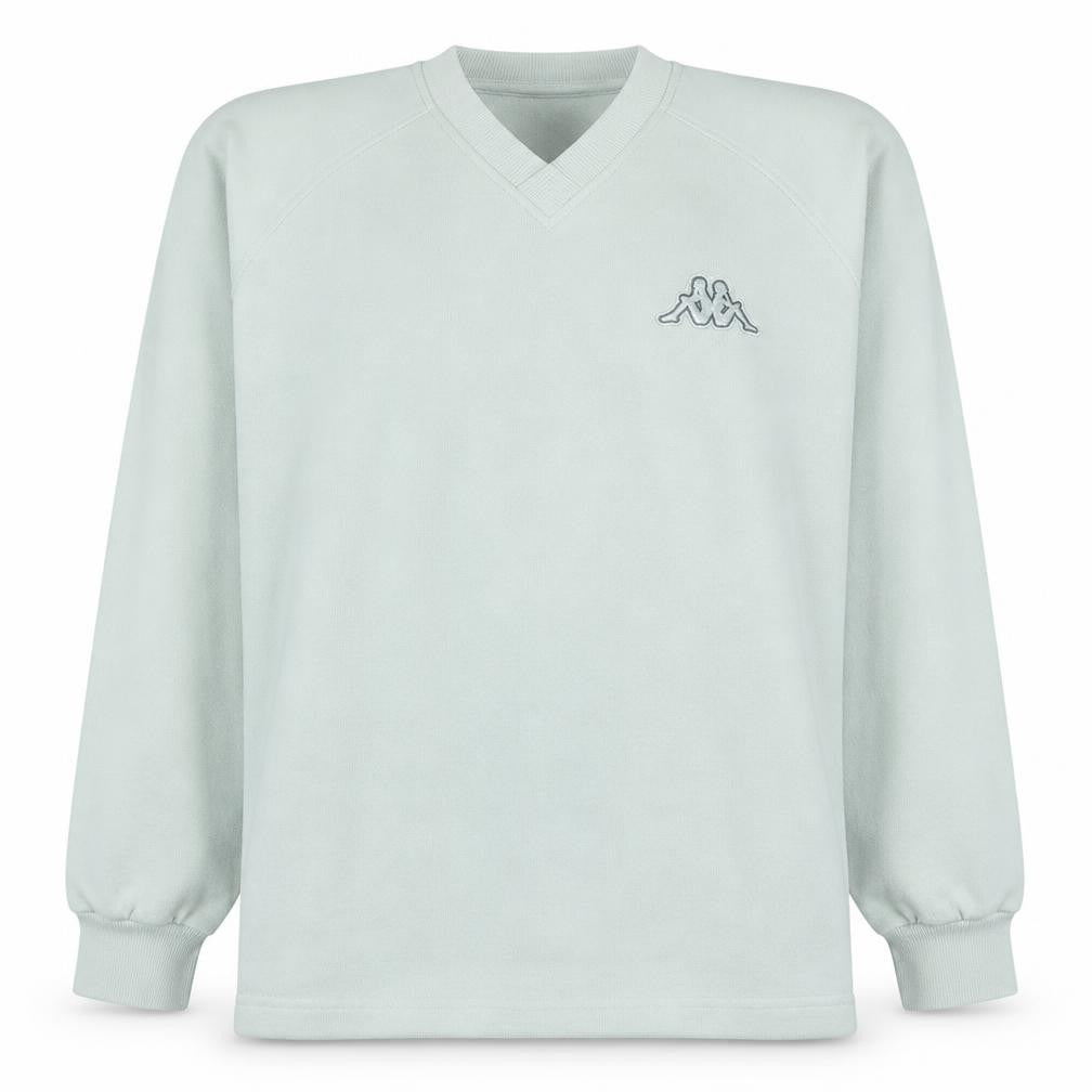 Front view of Kappa men’s white pullover sweatshirt l v-neck logo sports style