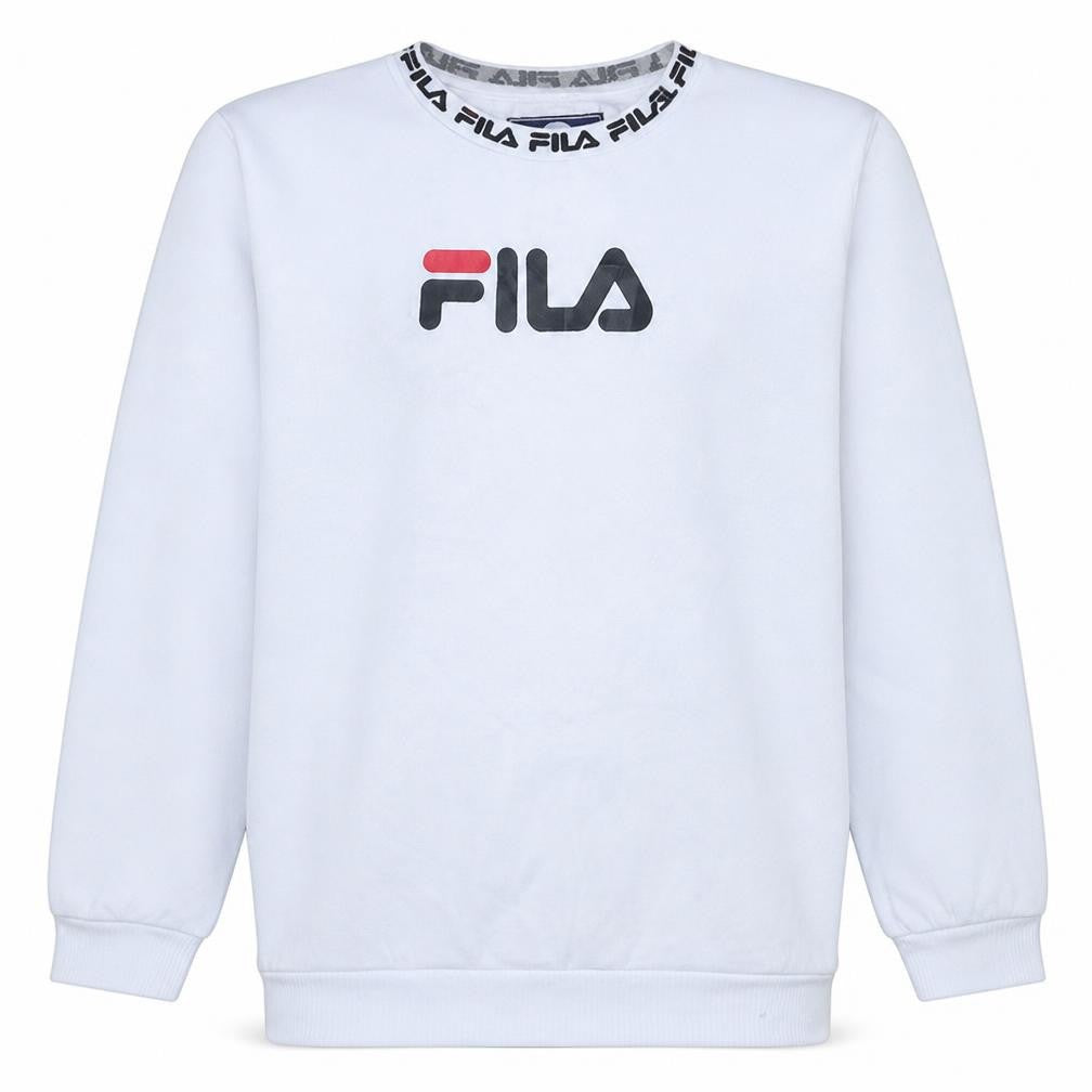 Front view of Fila boys’ white crew neck logo sweatshirt 13-15 years polyester cotton