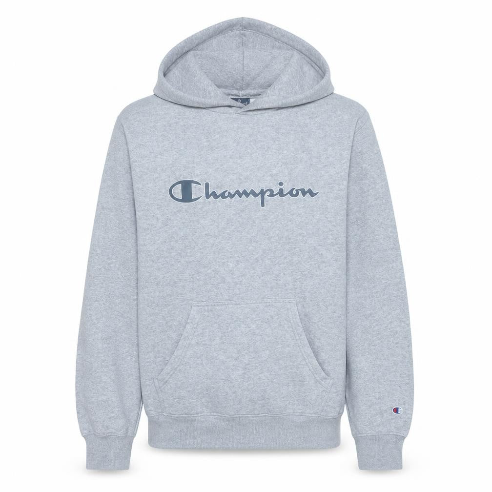 Front view of Champion Men's Grey Pullover Hoodie Medium Regular Fit Logo Fleece