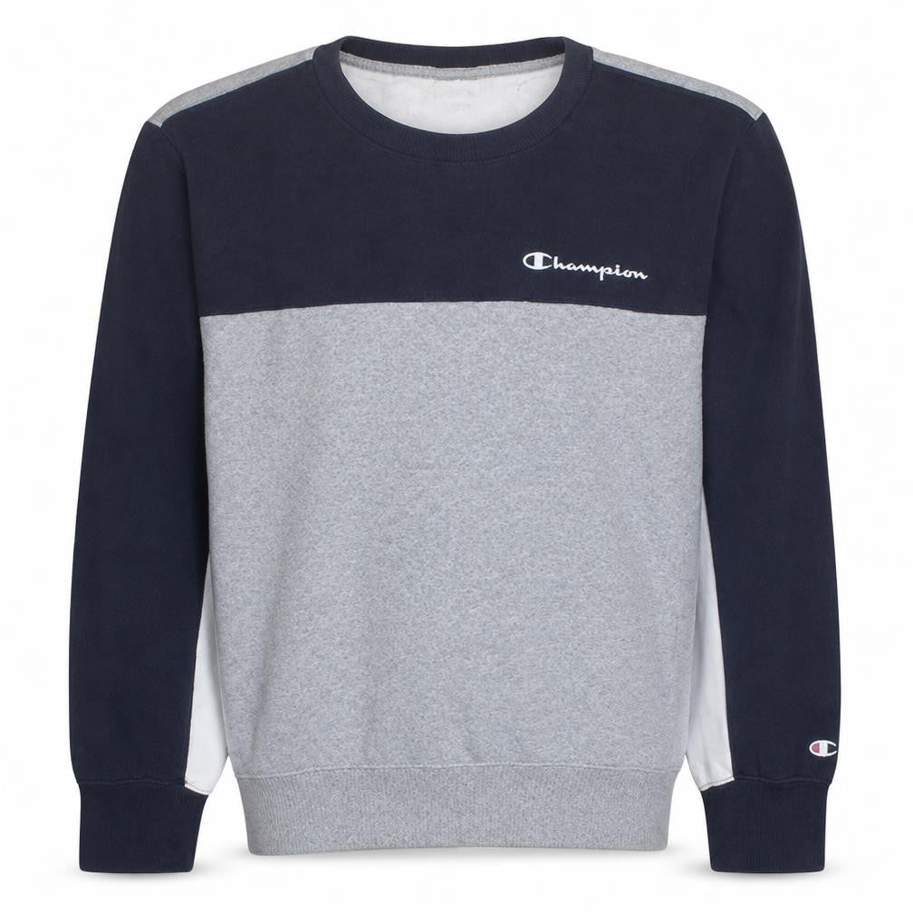 Front view of Champion Men's Grey & Navy Crew Neck Sweatshirt Medium Classic Fit