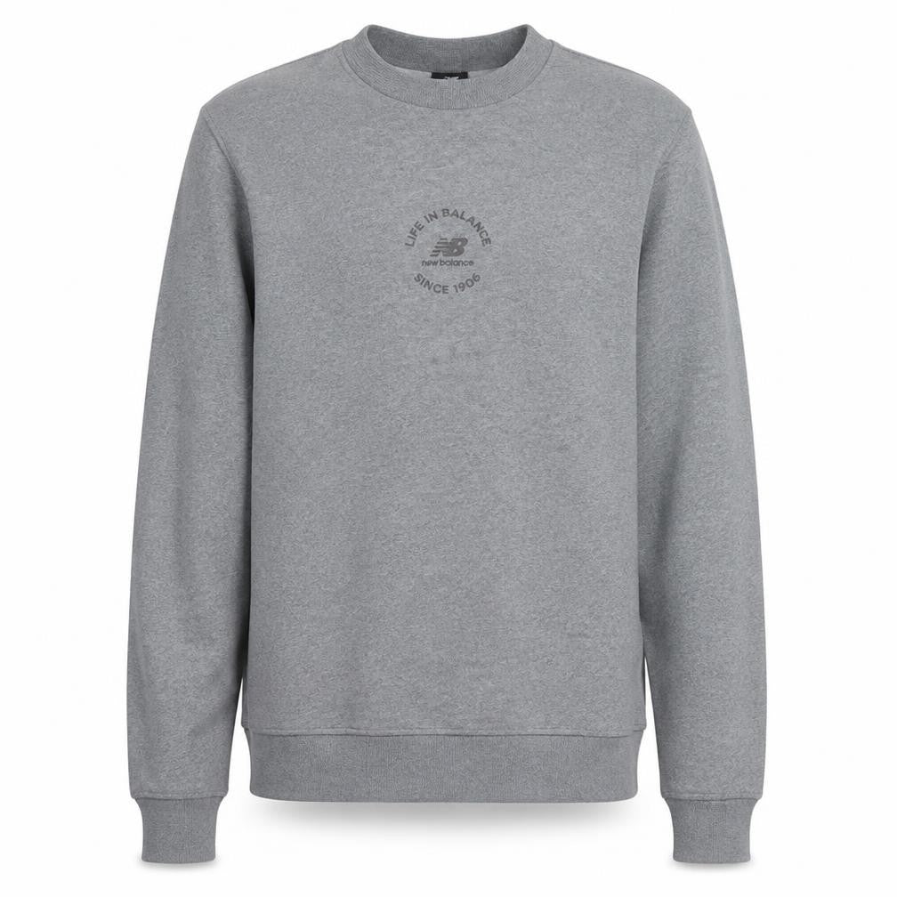 Front view of New Balance Men's Grey XS Pullover Sweatshirt Crew Neck Fleece