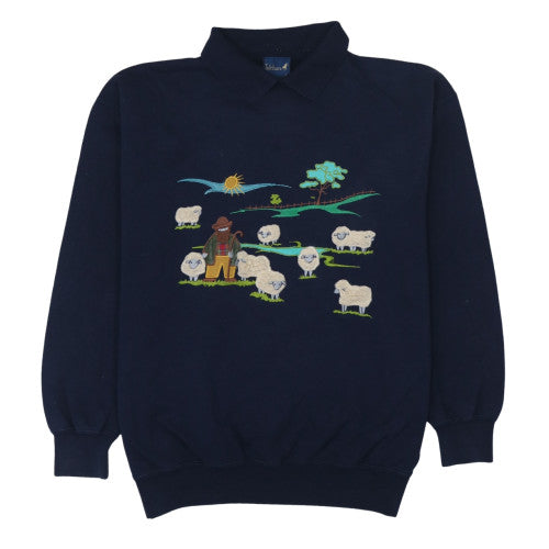 Tulchan Womens Navy Sheep Embroidered Collared Sweatshirt L