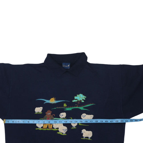 Tulchan Womens Navy Sheep Embroidered Collared Sweatshirt L