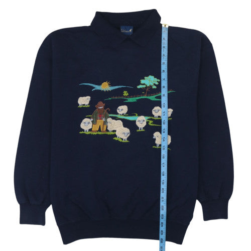 Tulchan Womens Navy Sheep Embroidered Collared Sweatshirt L