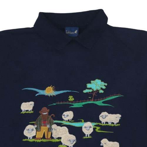 Tulchan Womens Navy Sheep Embroidered Collared Sweatshirt L