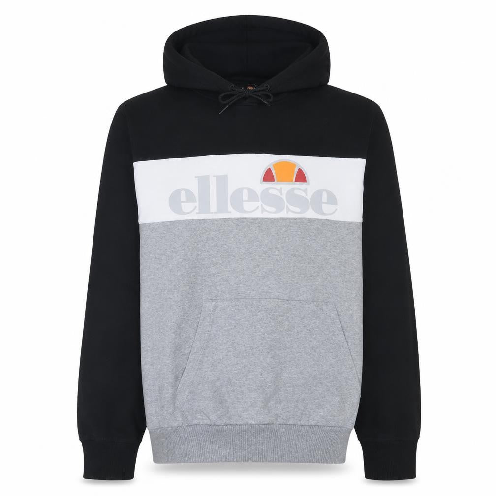 Front view of Ellesse men’s grey black pullover hoodie l logo sportswear