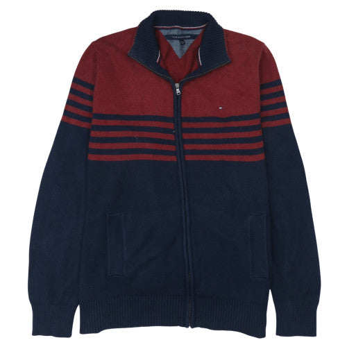 Tommy Hilfiger Men's Red & Navy Striped Full Zip Cotton Jumper 2XL