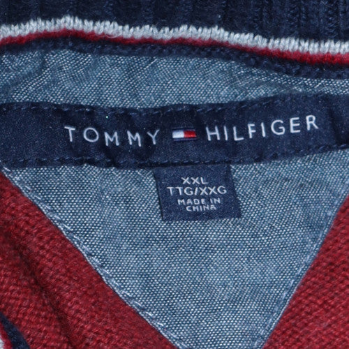 Tommy Hilfiger Men's Red & Navy Striped Full Zip Cotton Jumper 2XL