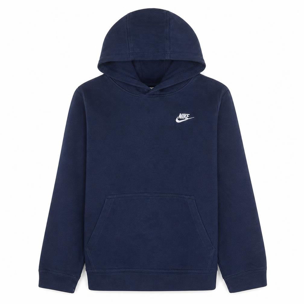 Front view of Nike boys’ navy blue pullover hoodie, size L, 147-158cm cotton blend