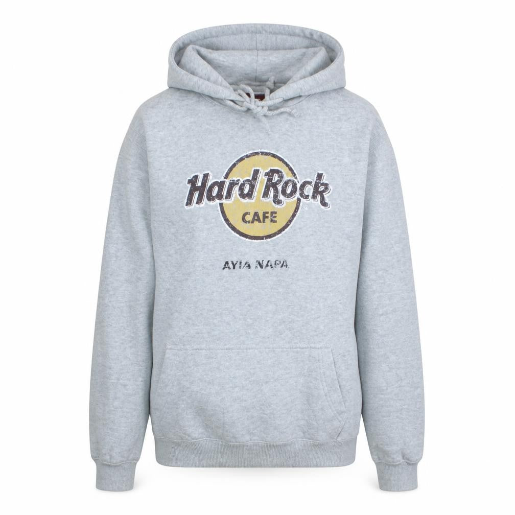 Front view of Hard Rock Cafe Grey Pullover Hoodie Women Medium Ayia Napa Logo