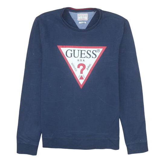 Guess Men's Blue Slim Fit Crew Neck Logo Sweatshirt M