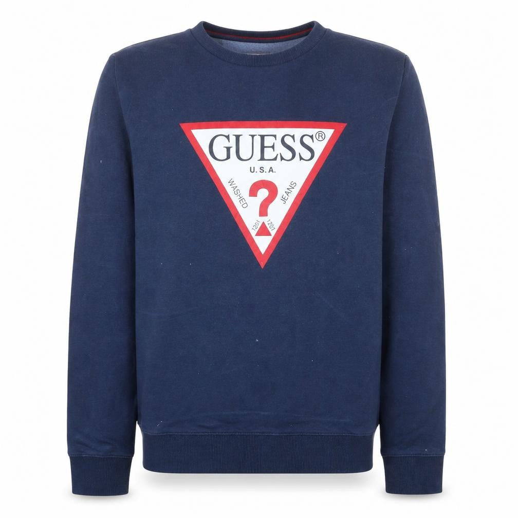 Front view of Guess Men's Blue Slim Fit Crew Neck Logo Sweatshirt M