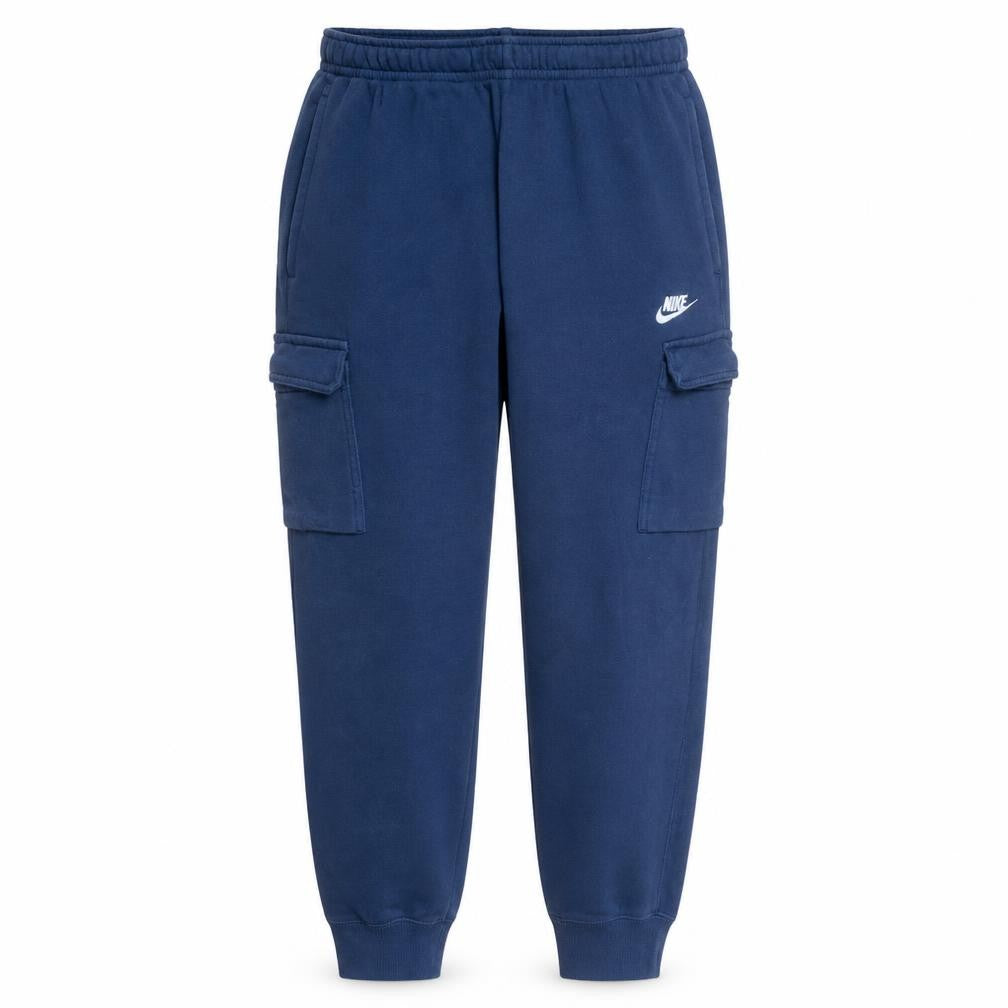 Front view of Nike Men's Blue Cargo Fleece Jogger Trousers, size M