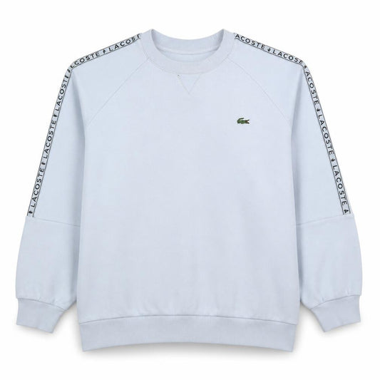 Front view of Lacoste women’s white relaxed fit logo sweatshirt, size L