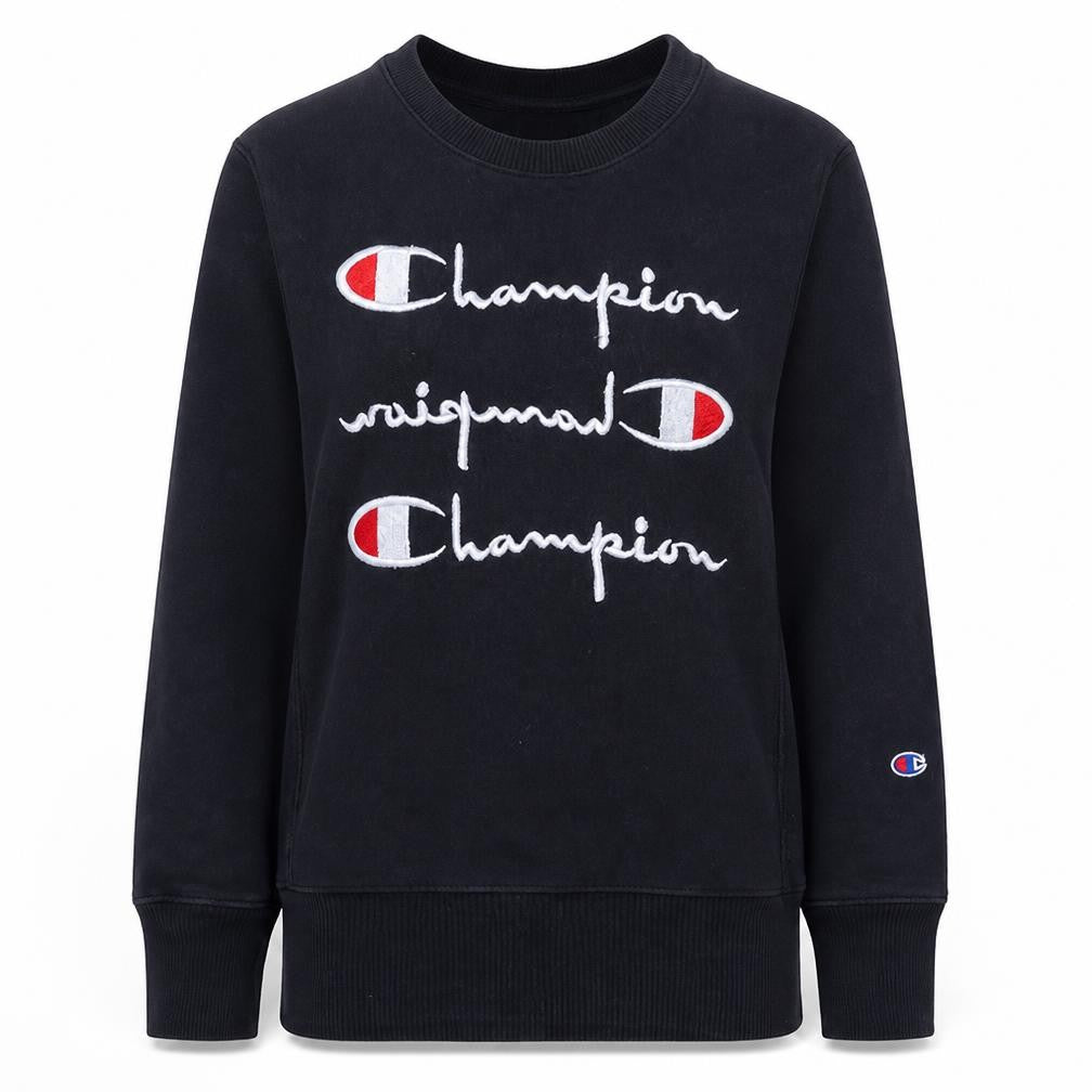 Front view of Champion women’s black medium pullover sweatshirt with embroidered logo