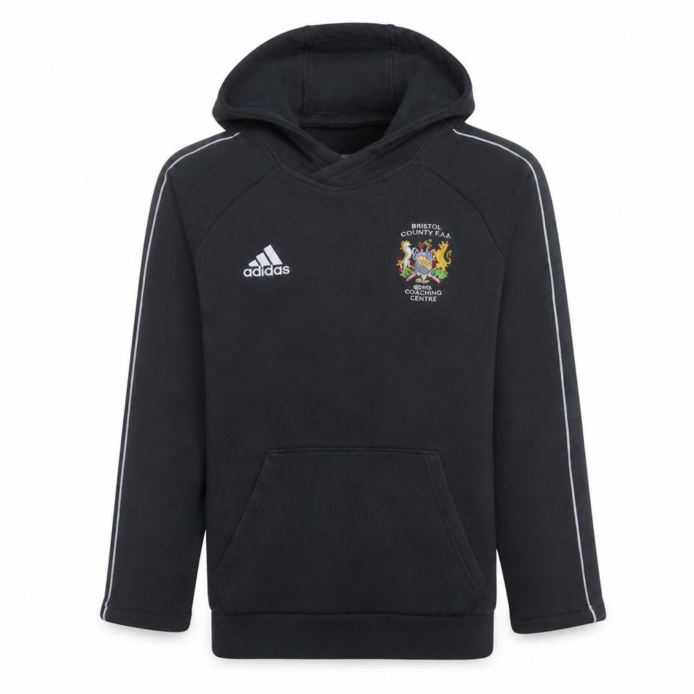 Front view of Adidas Men's Black S Pullover Hoodie with Logo and College Crest