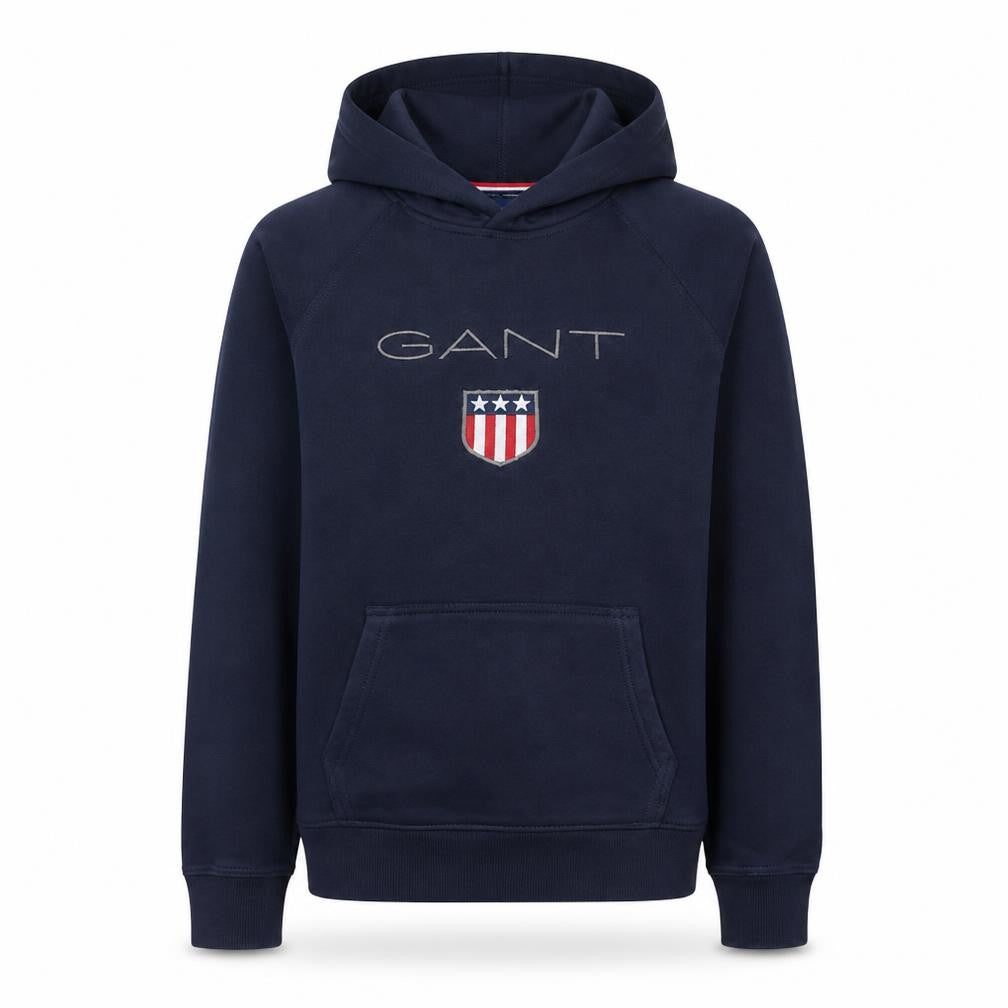 Front view of GANT boys’ navy blue pullover hoodie 15 years cotton blend logo design