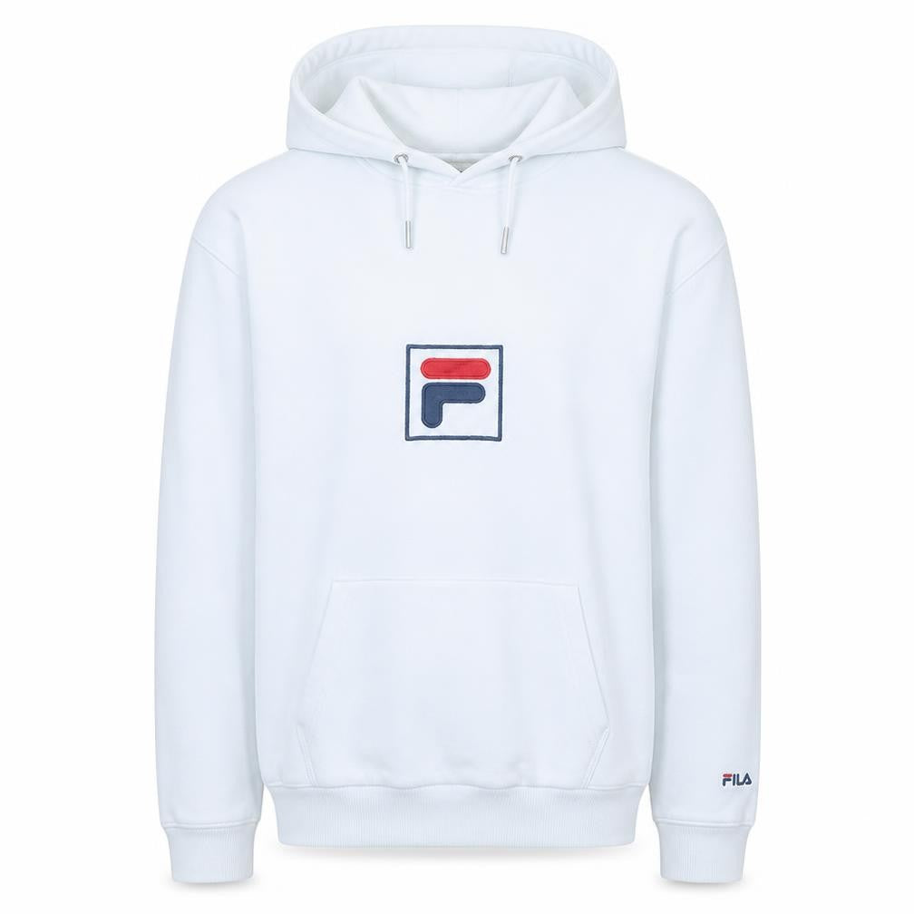 Front view of Fila Men's White Small Pullover Hoodie Logo Sweatshirt