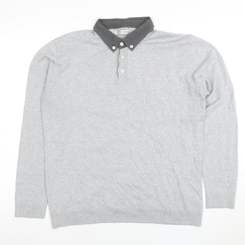 Next Men’s Grey Long Sleeve Button Collar Cotton Polo Shirt L