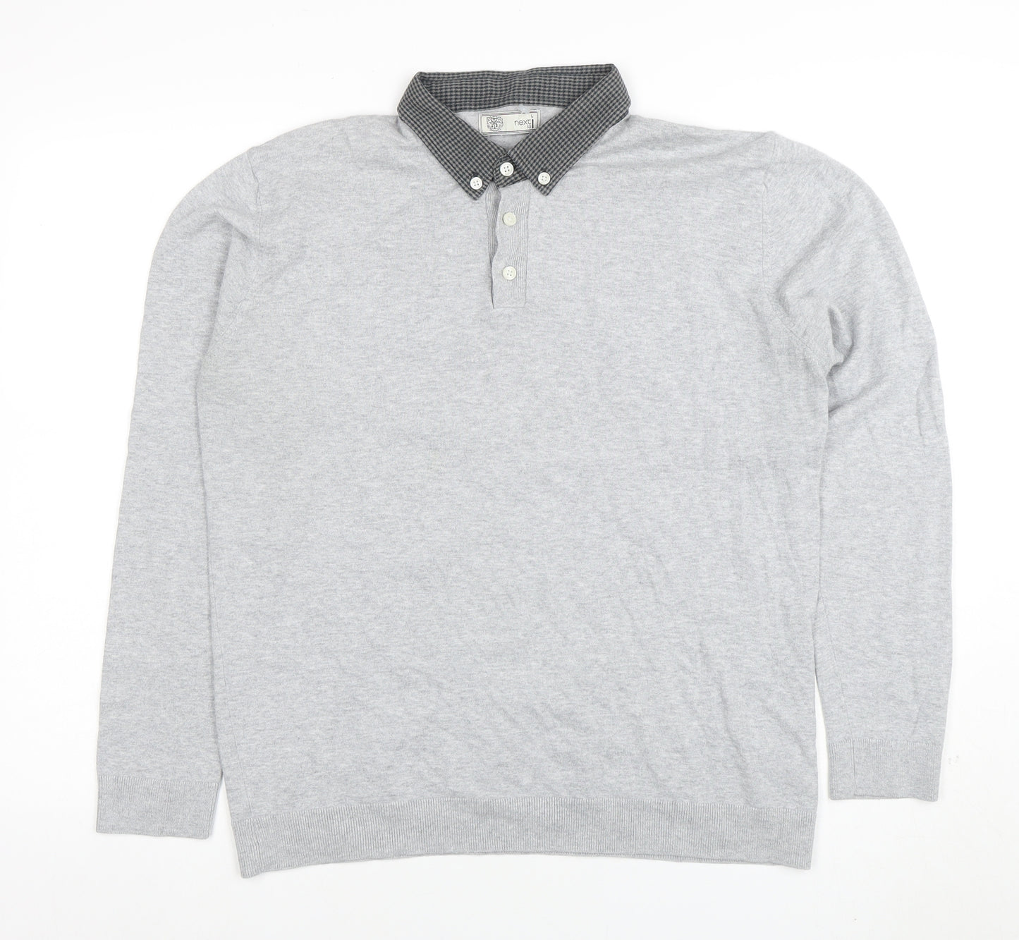 Next Men’s Grey Long Sleeve Button Collar Cotton Polo Shirt L