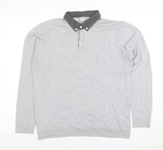 Next Men’s Grey Long Sleeve Button Collar Cotton Polo Shirt L