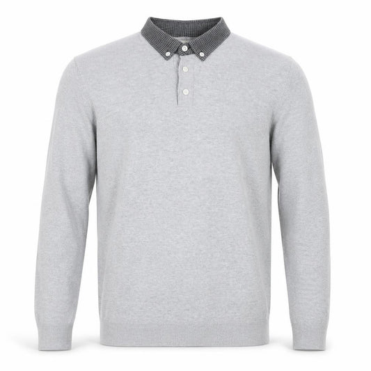 Front view of Next Men’s Grey Long Sleeve Button Collar Cotton Polo Shirt L