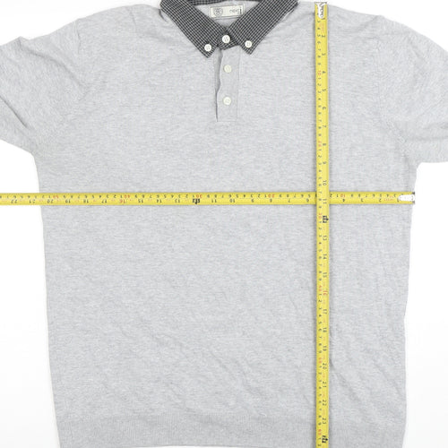 Next Men’s Grey Long Sleeve Button Collar Cotton Polo Shirt L