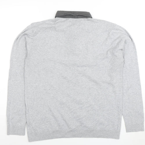 Next Men’s Grey Long Sleeve Button Collar Cotton Polo Shirt L