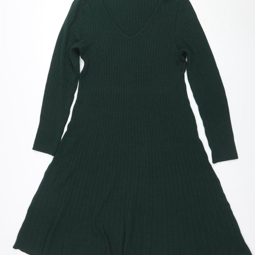 Nina Leonard Women’s Green Knit A-Line Dress Size L Long Sleeve