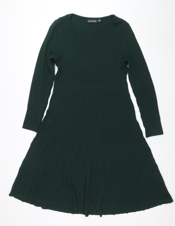Nina Leonard Women’s Green Knit A-Line Dress Size L Long Sleeve