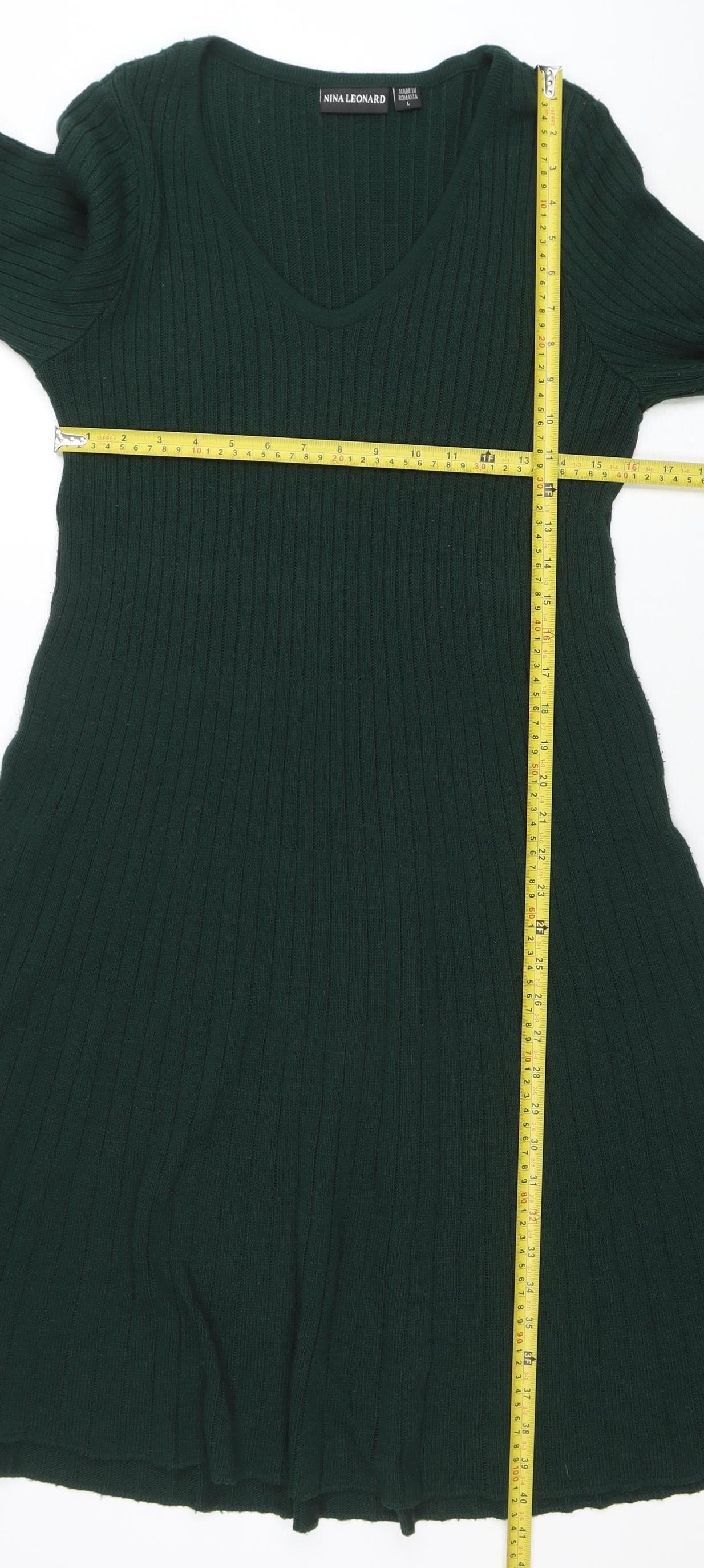 Nina Leonard Women’s Green Knit A-Line Dress Size L Long Sleeve
