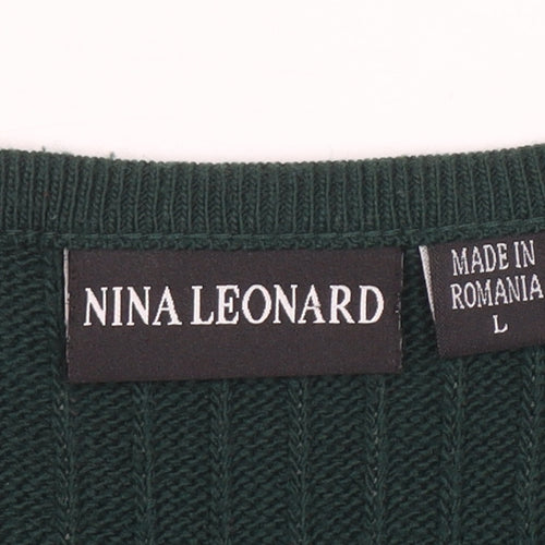 Nina Leonard Women’s Green Knit A-Line Dress Size L Long Sleeve