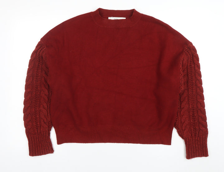 ZARA Women Red Cable Knit Long Sleeve Pullover Jumper Size M