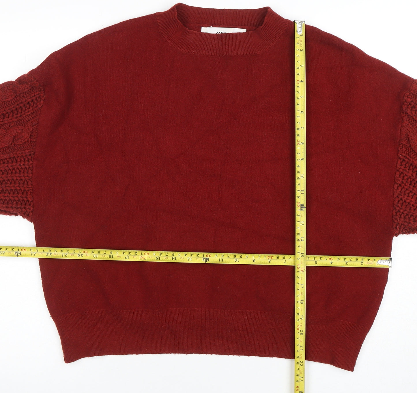 ZARA Women Red Cable Knit Long Sleeve Pullover Jumper Size M