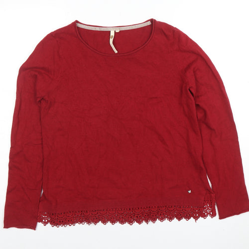 White Stuff Women's Red Crochet Hem Cotton Blend Jumper Size 12