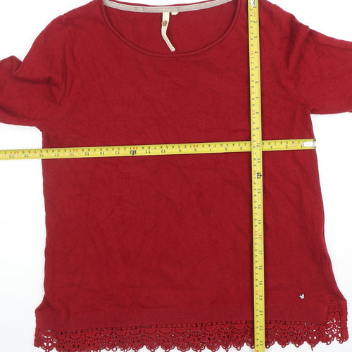 White Stuff Women's Red Crochet Hem Cotton Blend Jumper Size 12