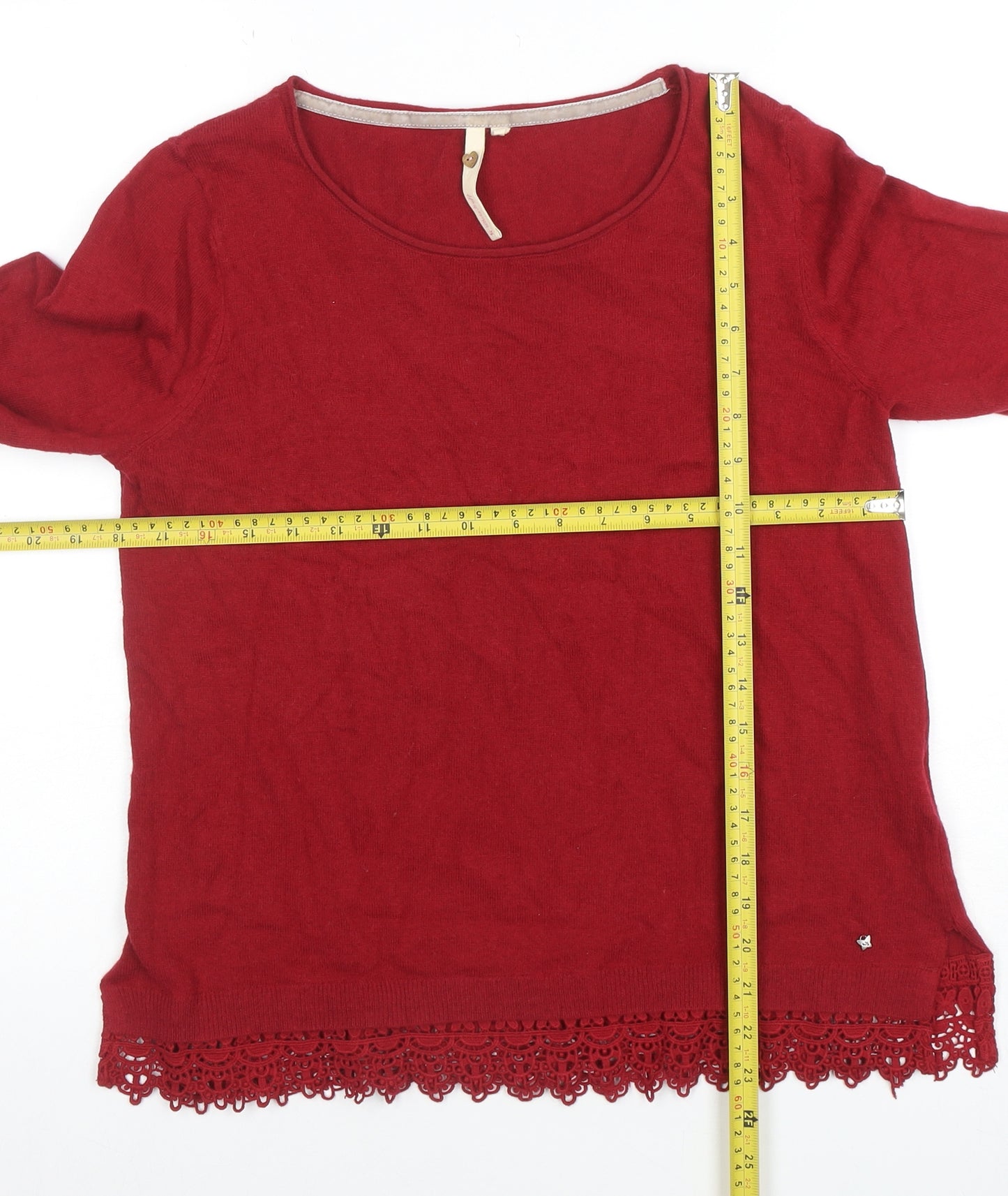 White Stuff Women's Red Crochet Hem Cotton Blend Jumper Size 12