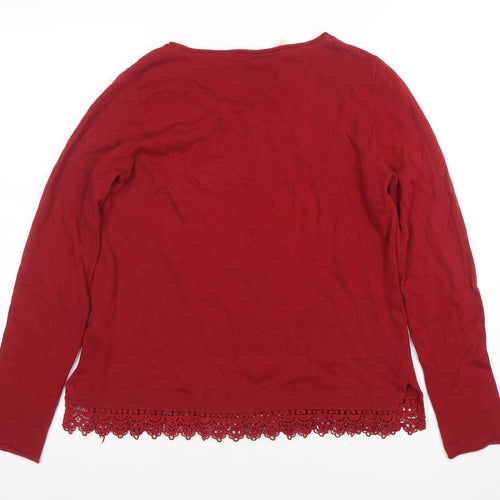 White Stuff Women's Red Crochet Hem Cotton Blend Jumper Size 12
