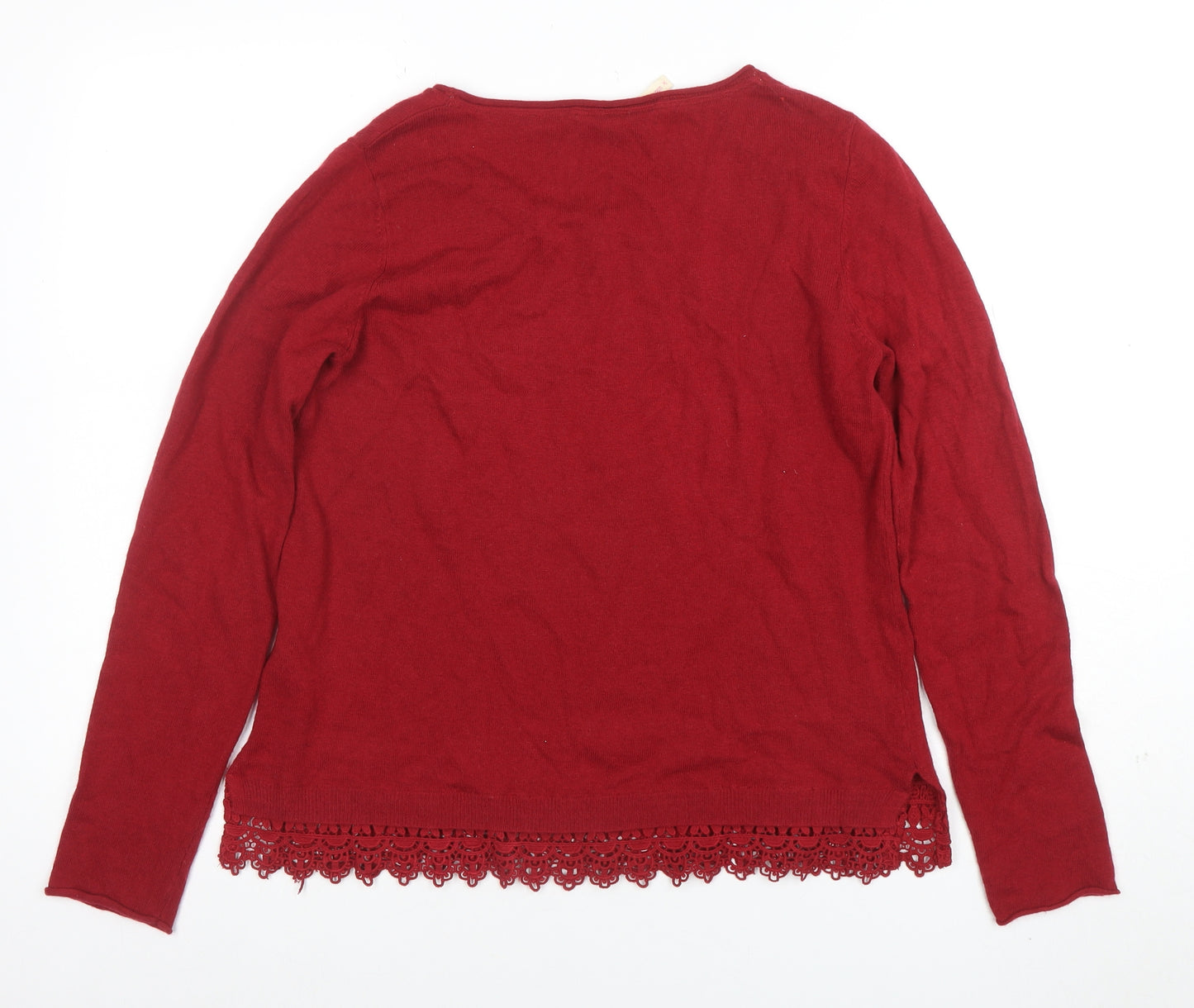 White Stuff Women's Red Crochet Hem Cotton Blend Jumper Size 12