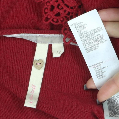 White Stuff Women's Red Crochet Hem Cotton Blend Jumper Size 12