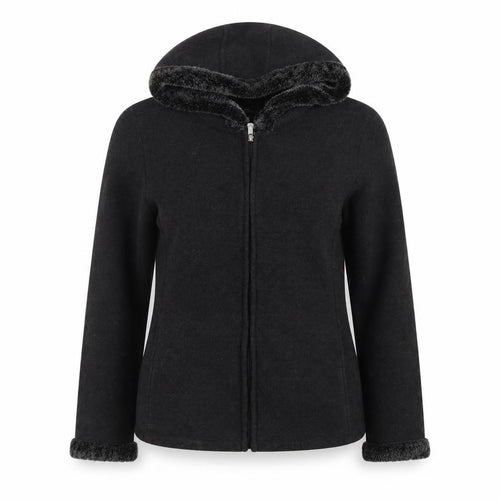 BC Clothing Women's Black L Hooded Fleece Jacket with Faux Fur Trim