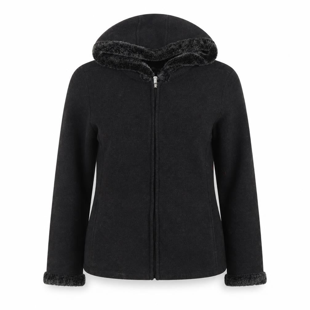 BC Clothing Women's Black L Hooded Fleece Jacket with Faux Fur Trim