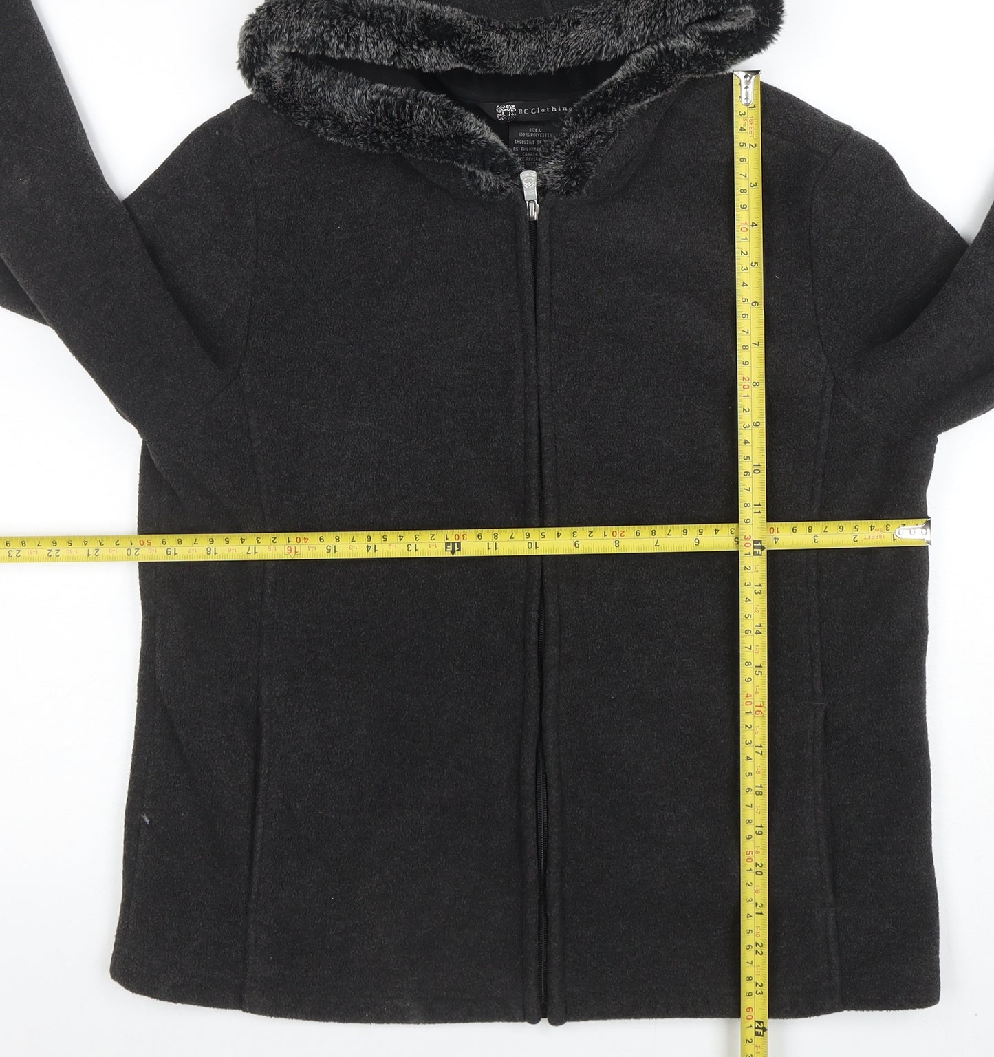 BC Clothing Women's Black L Hooded Fleece Jacket with Faux Fur Trim